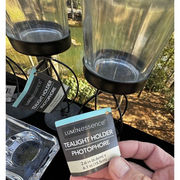 4 Greenbrier Int. Black Metal & Heavy Clear Glass Candle Holders Brand New -A29 - Picture 7 of 12